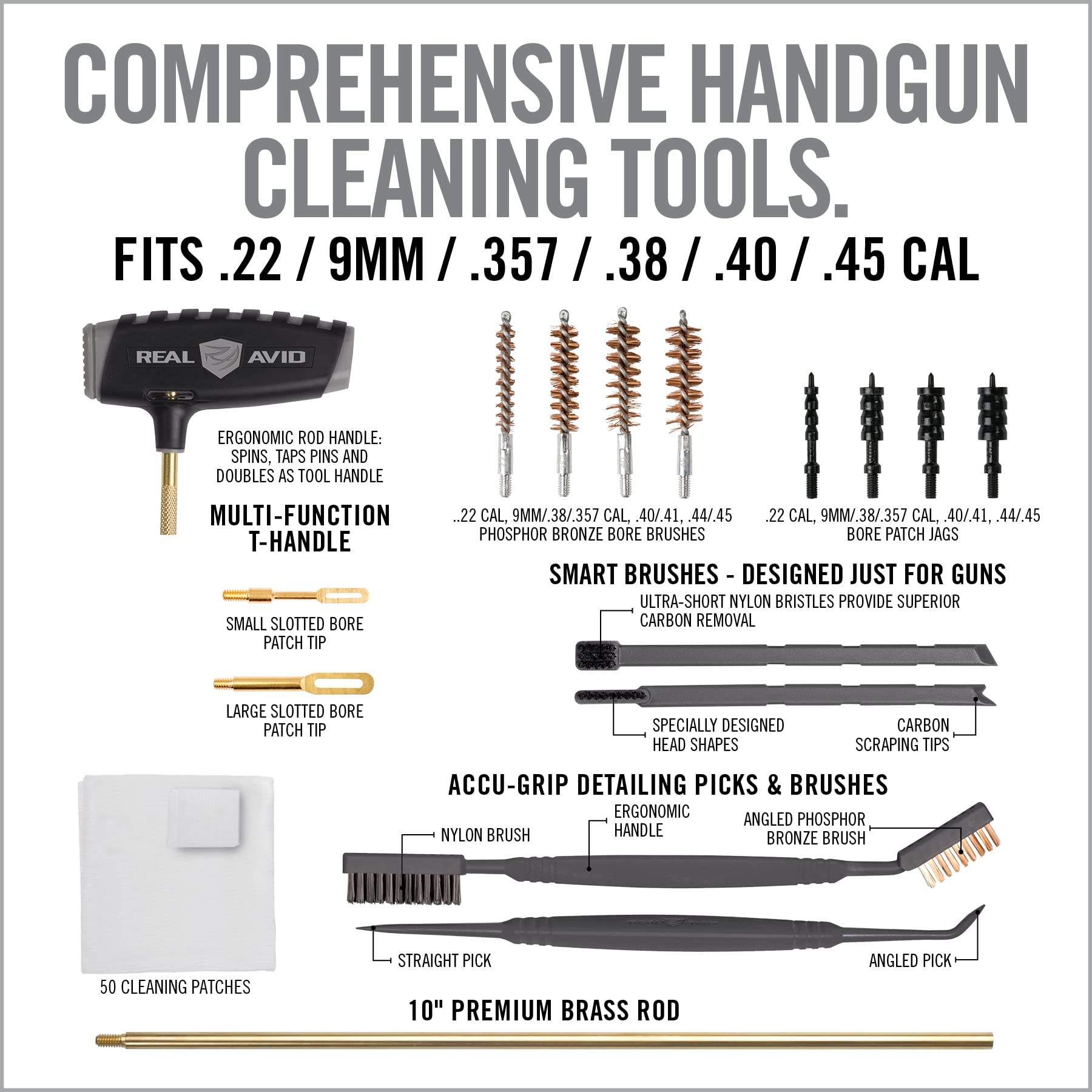 Real Avid Handgun Cleaning Kit & Gun Mat For Pistol Cleaning - "19x16" Includes Gun Cleaning Mat, Cleaning Rod, Jags, Bore Brushes, Patches & Scrapers for Gun Cleaning