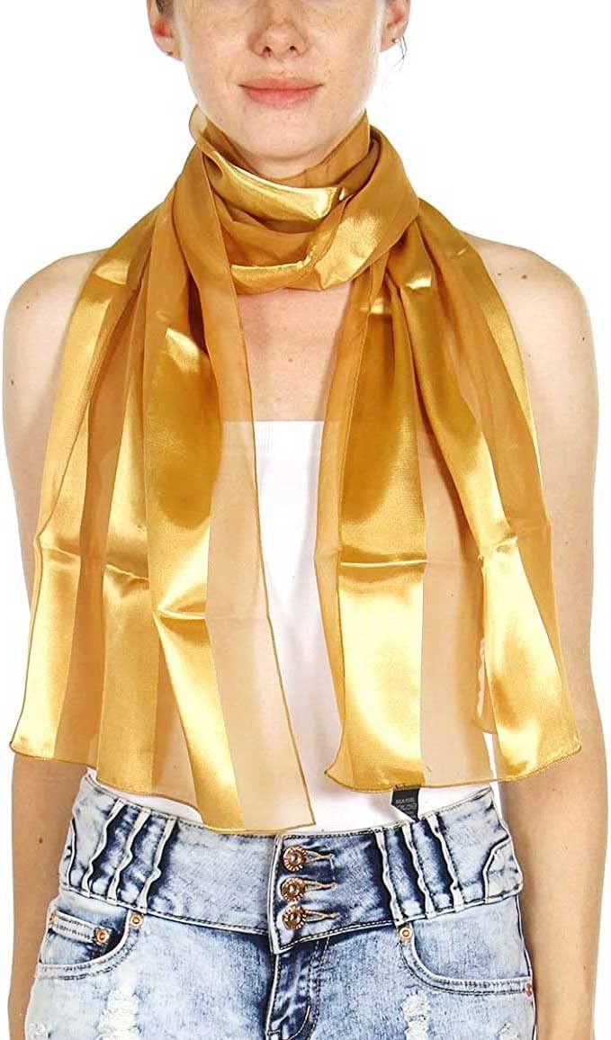 SERENITA Scarfs for women | lightweight soft silky scarves | 60" long satin chiffon stripe solid color neckerchief, Gold