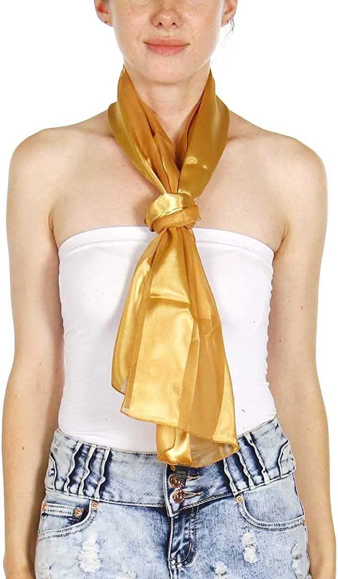 SERENITA Scarfs for women | lightweight soft silky scarves | 60" long satin chiffon stripe solid color neckerchief, Gold