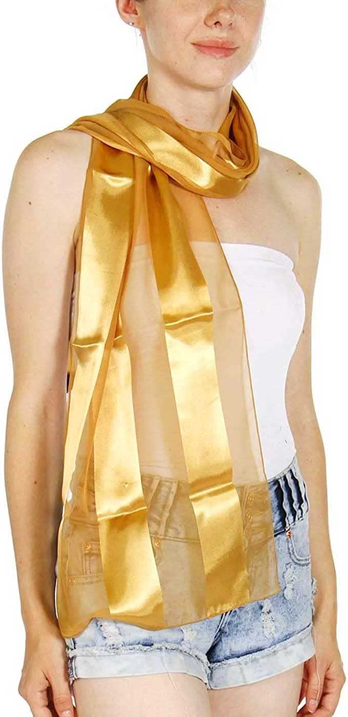 SERENITA Scarfs for women | lightweight soft silky scarves | 60" long satin chiffon stripe solid color neckerchief, Gold