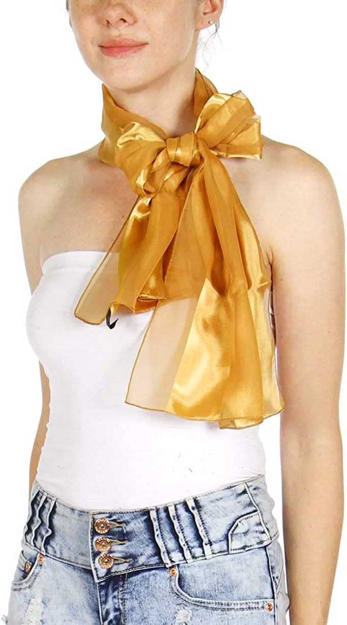 SERENITA Scarfs for women | lightweight soft silky scarves | 60" long satin chiffon stripe solid color neckerchief, Gold