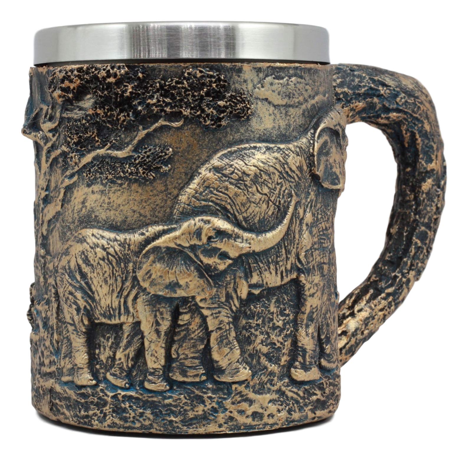 Ebros Animal Totem Spirit Safari Elephant And Calf Family Mug Textured With Rustic Textured Tree Bark Design In Painted Bronze Finish 12oz Drink Beer Stein Tankard Coffee Cup (Elephant Family)