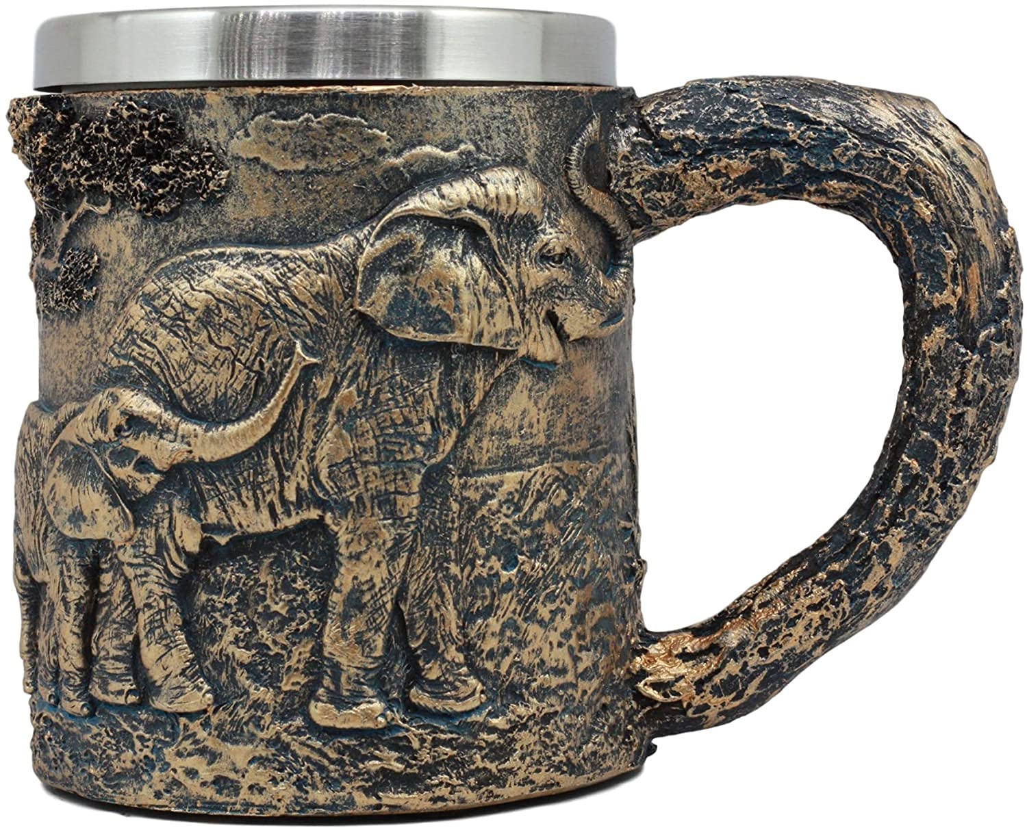 Ebros Animal Totem Spirit Safari Elephant And Calf Family Mug Textured With Rustic Textured Tree Bark Design In Painted Bronze Finish 12oz Drink Beer Stein Tankard Coffee Cup (Elephant Family)