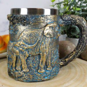 Ebros Animal Totem Spirit Safari Elephant And Calf Family Mug Textured With Rustic Textured Tree Bark Design In Painted Bronze Finish 12oz Drink Beer Stein Tankard Coffee Cup (Elephant Family)