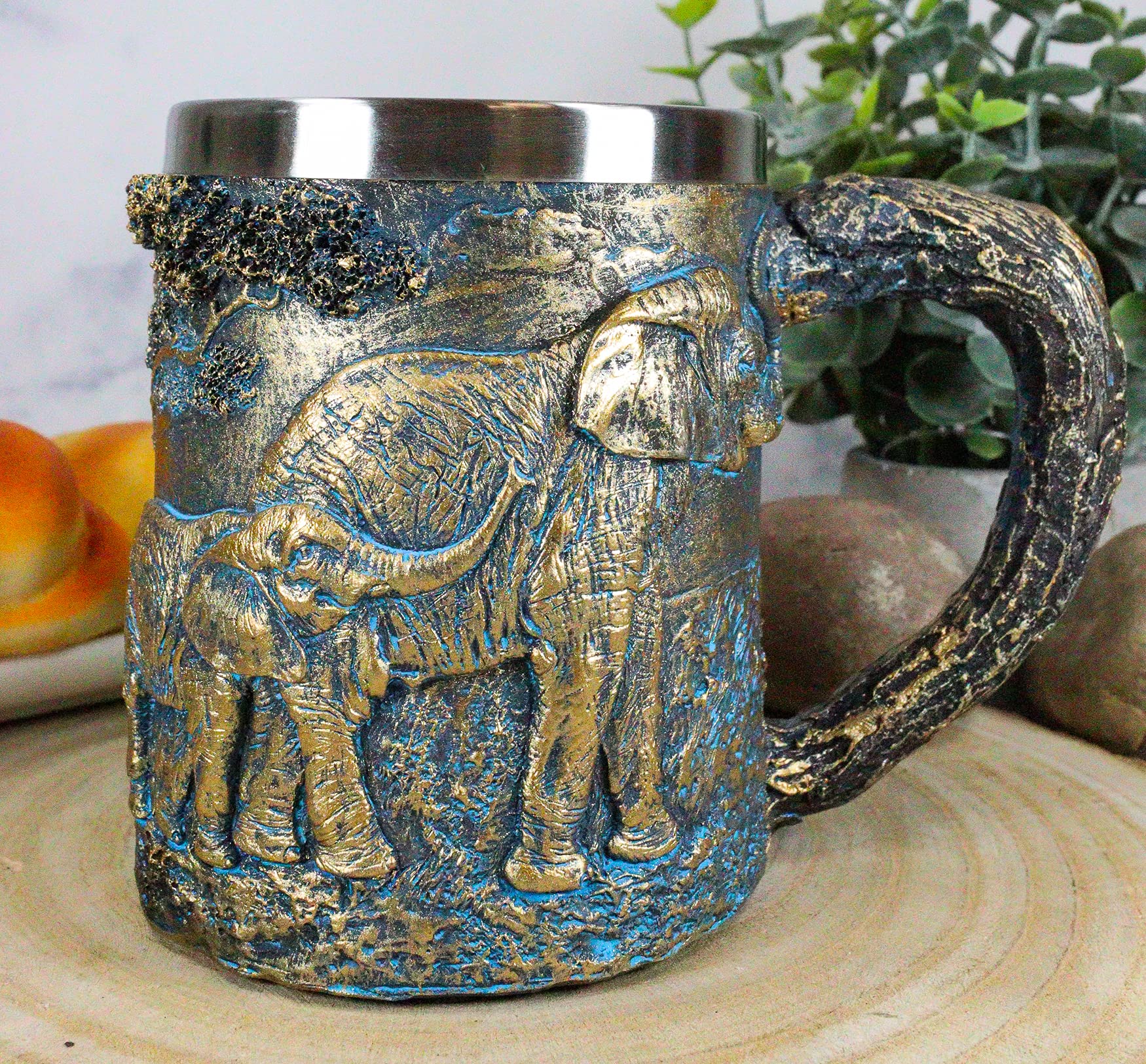 Ebros Animal Totem Spirit Safari Elephant And Calf Family Mug Textured With Rustic Textured Tree Bark Design In Painted Bronze Finish 12oz Drink Beer Stein Tankard Coffee Cup (Elephant Family)