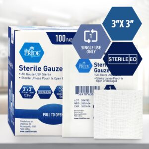 MED PRIDE 3" x 3" Sterile Gauze Pads for Wound Dressing|100-Pack, Individually Packed Pouches|12-Ply Cotton & Highly Absorbent|Gauze Sponge-Pads for Wound Care & Home First Aid Kits