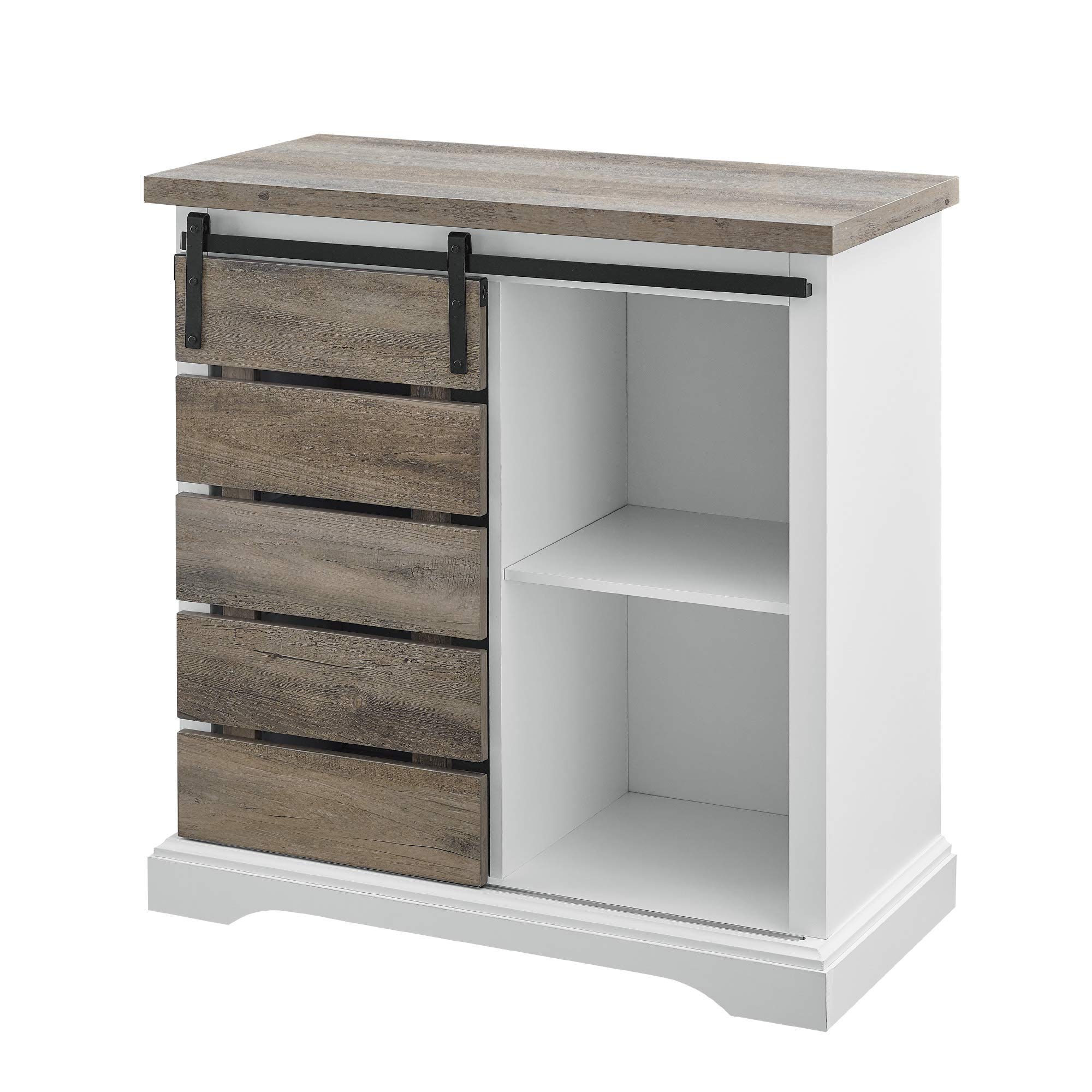 Walker Edison Willa Modern Farmhouse Sliding Single Slat Door Storage Console, 32 Inch, White and Grey Wash