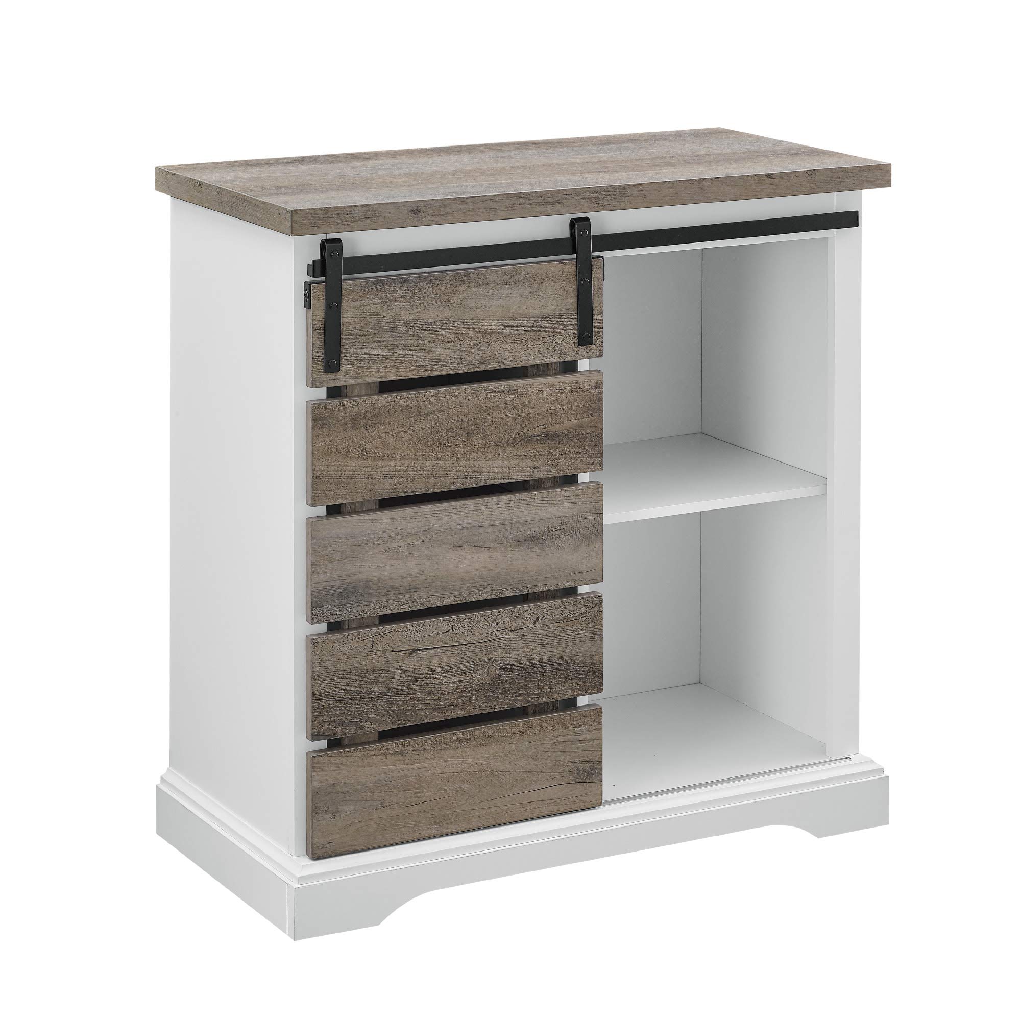 Walker Edison Willa Modern Farmhouse Sliding Single Slat Door Storage Console, 32 Inch, White and Grey Wash