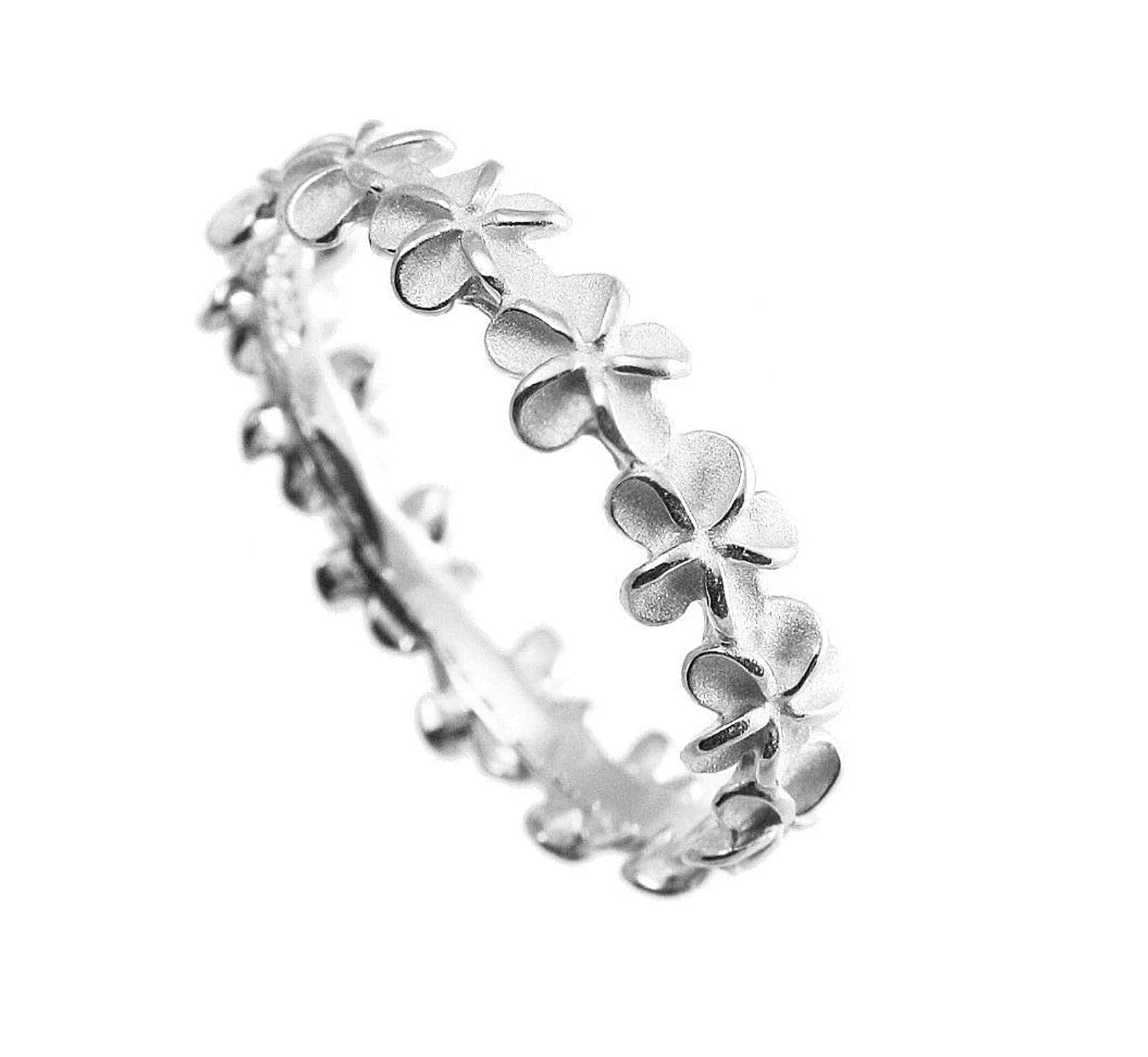 Aloha Jewelry Company 925 Sterling Silver Plumeria Flower Eternity Wedding Engagement Band Stackable Promise Ring, Nickle Free Hypoallergenic for Sensitive Skin, with Gift Box (4.5, Silver)