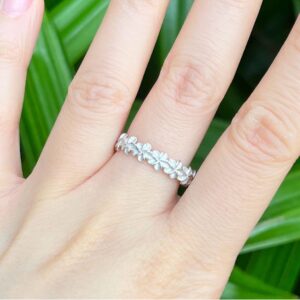 Aloha Jewelry Company 925 Sterling Silver Plumeria Flower Eternity Wedding Engagement Band Stackable Promise Ring, Nickle Free Hypoallergenic for Sensitive Skin, with Gift Box (4.5, Silver)