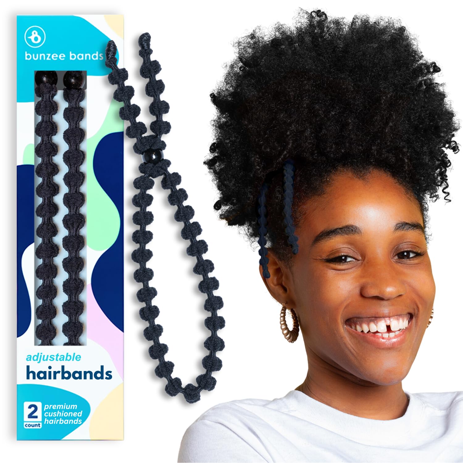 Bunzee Bands Large Hair Band for Thick, Curly, Natural Hair - Cushioned No Damage Hair Ties Ideal For Braids, Pineapple Hair - Afro Puff Ponytail Holder - Adjustable, Extra Stretchy (Black 2Pk)