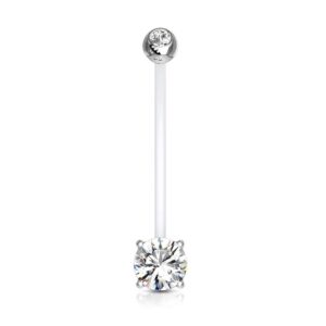 pierced owl double jeweled prong set round cz crystal pregnancy maternity bioflex belly button navel ring (clear)