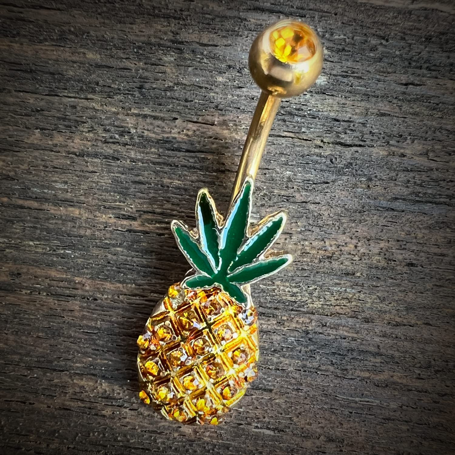 Pierce2GO Gold Pineapple & Weed Marijuana Belly Button Ring - 14G Surgical Steel Pineapple Belly Button Ring - Belly Button Rings Piercing for Women – 7/16”