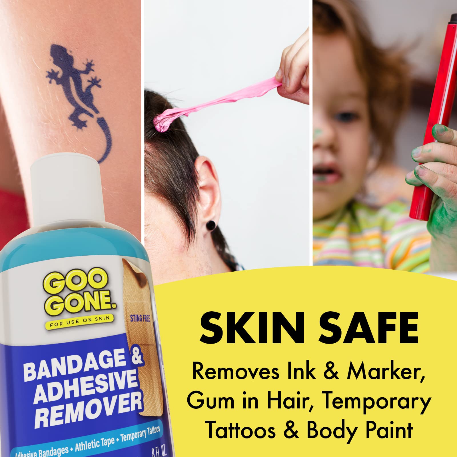 Goo Gone Bandage Adhesive Remover For Skin - 8 Ounce - Safe Method to Remove Sports Tape, KT Tape, Temporary Tattoos, Ink, Medical Bandages and More