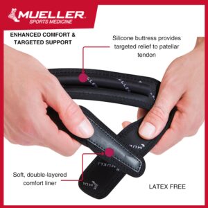 MUELLER Sports Medicine Jumper's Knee Single Strap, Knee Pain Relief Support for Men and Women, Ideal for Osgood-Schlatter's, Runner's Knee, Patellar Tendinitis, Black, One Size