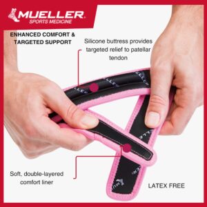 MUELLER Sports Medicine Jumper's Knee Single Strap, Knee Pain Relief Support for Men and Women, Ideal for Osgood-Schlatter's, Runner's Knee, Patellar Tendinitis, Pink, One Size