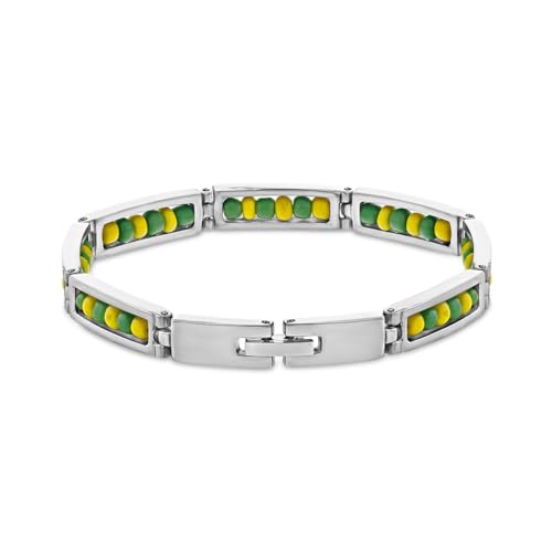 Stainless Steel Unisex Link Wristband Inside Green and Yellow Beaded Babalawo Orula Bracelet 7" - Babalawo Orula Unisex Bracelet