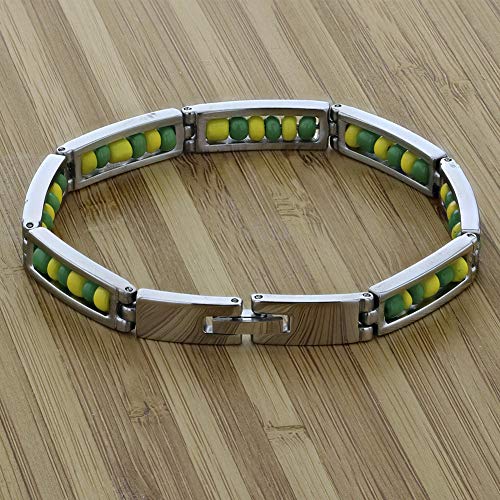 Stainless Steel Unisex Link Wristband Inside Green and Yellow Beaded Babalawo Orula Bracelet 7" - Babalawo Orula Unisex Bracelet