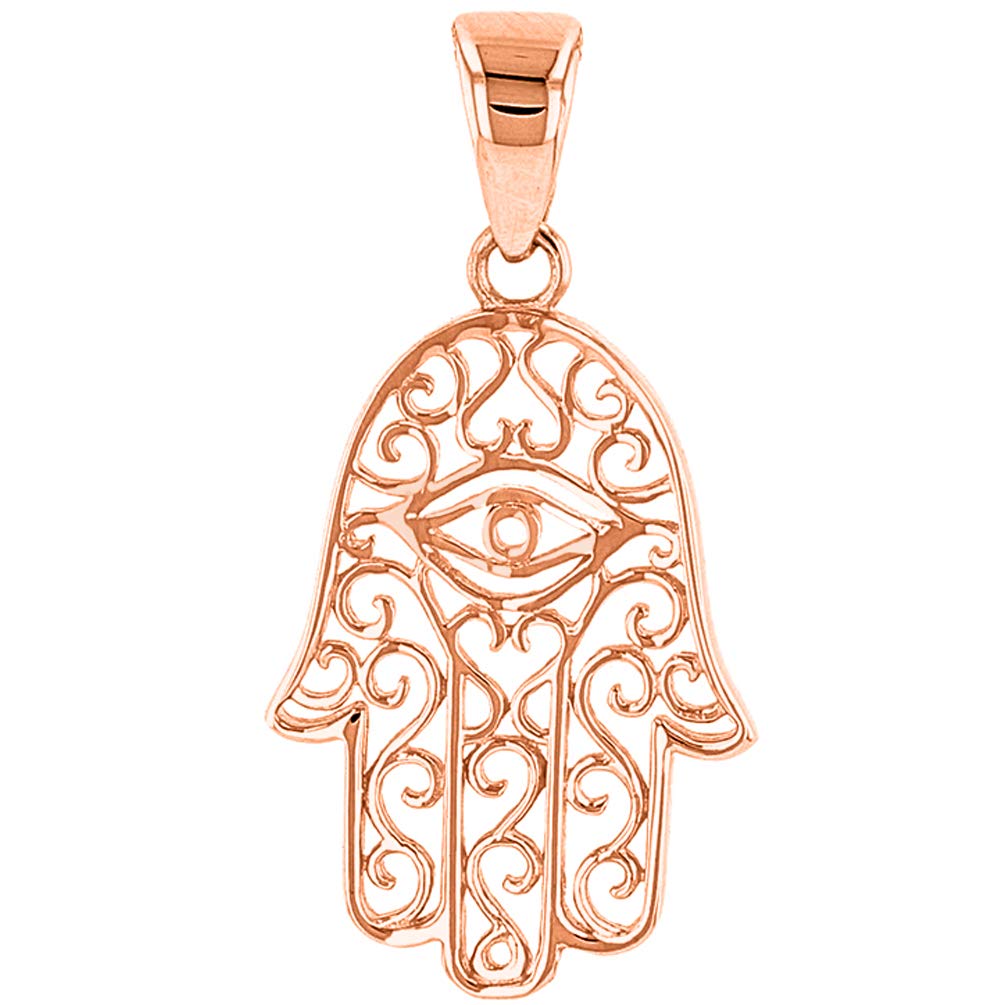 Jewelry America Solid 14K Rose Gold Filigree Hamsa Hand of Fatima with Evil Eye Charm Pendant