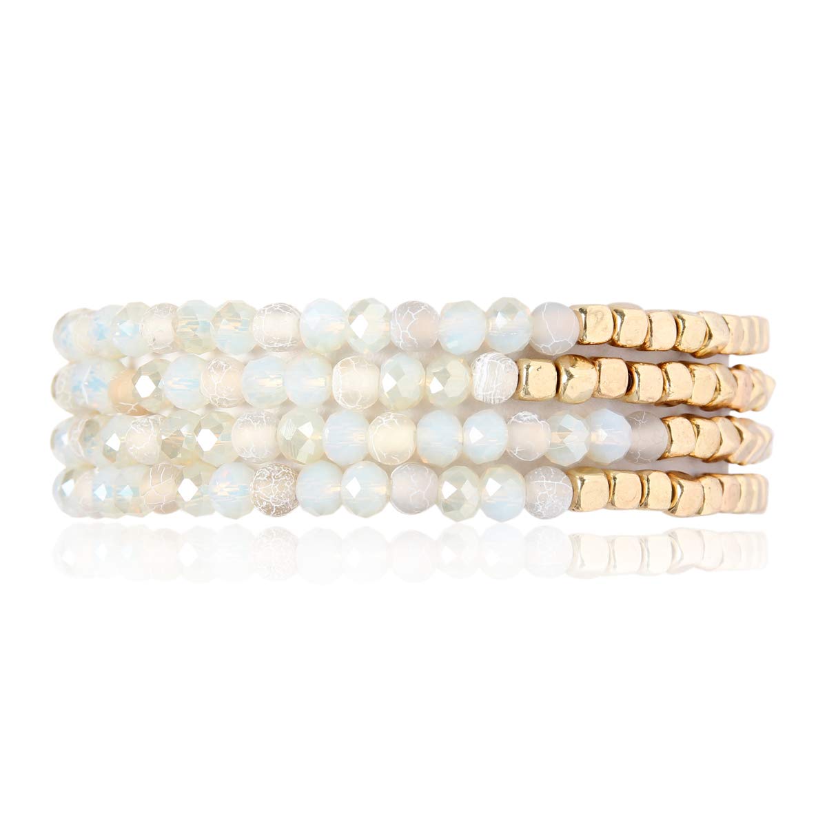 RIAH FASHION Delicate Boho Beaded Multi Layer Versatile Bracelets - Stackable Stretch Bangles Sparkly Crystal, Natural Stone (Delicate Natural Stone & Gold Mix)