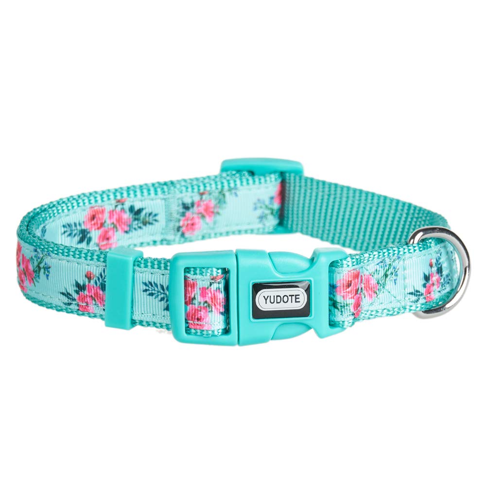 YUDOTE Floral Dog Collars Adjustable Nylon Collar with Quick Release Buckle for Female & Male Dogs, Green,Large