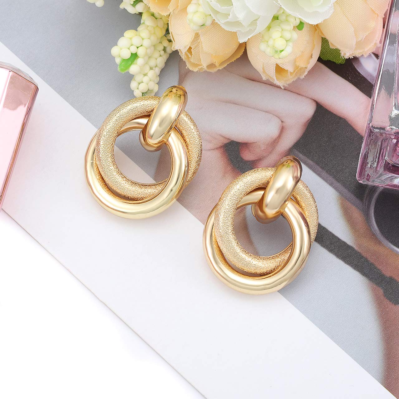 Twisted Earrings Round Double Circle Stud Earrings Statement Chunky Polished Drop Hoop Earrings for Women(gold)