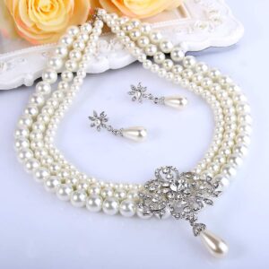 EleQueen Women's Silver-Tone Ivory Simulated Pearl Crystal Victorian Style Statement Necklace Earrings Bridal Wedding Sets