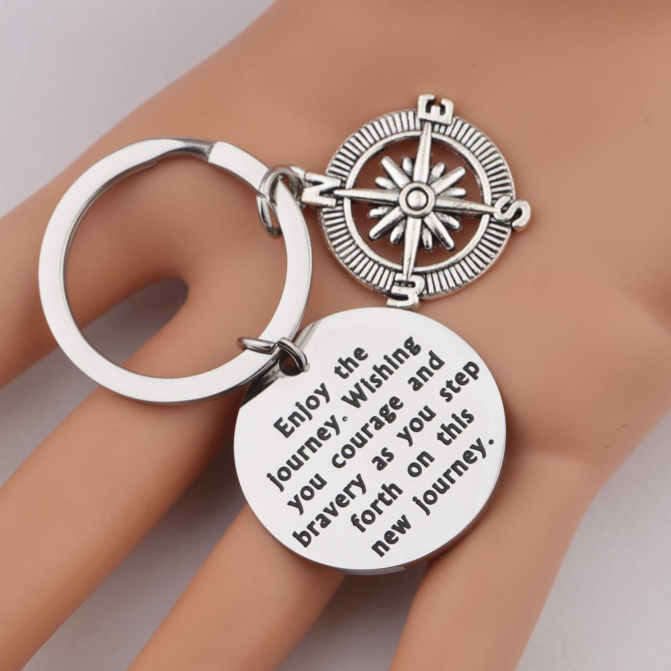 BEKECH Graduation Keychain New Adventure Gift Enjoy the Journey Wishing You Courage and Bravery As You Step Forth On This New Journey Compass Key Chain Gift for Graduates(silver)