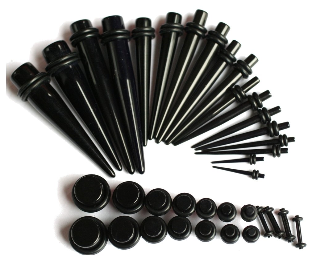 Zaya Body Jewelry 16g-00g Ear Stretching Kit Black Plugs and Tapers 00g 0g 2g 4g 6g 8g 10g 12g 14g Gauges Plus Instructions