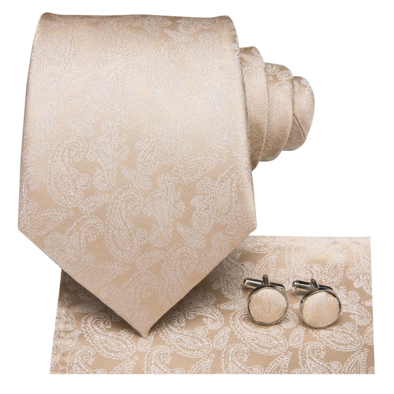 Hi-Tie Champagne Khaki Tie Paisley Silk Mens Neckties with Pocket Square Cufflinks for Wedding Business Party