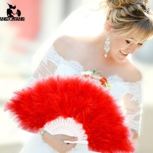 FANSOF.FANS Marabou Feather Hand Fan 45cm, Fancy Dress Wedding Party Favour Gift Outdoor Vintage Dance Photoshoot (Red)