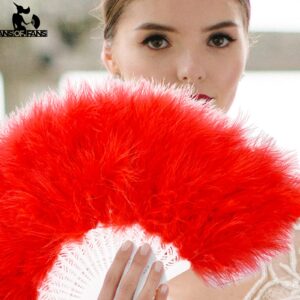 FANSOF.FANS Marabou Feather Hand Fan 45cm, Fancy Dress Wedding Party Favour Gift Outdoor Vintage Dance Photoshoot (Red)