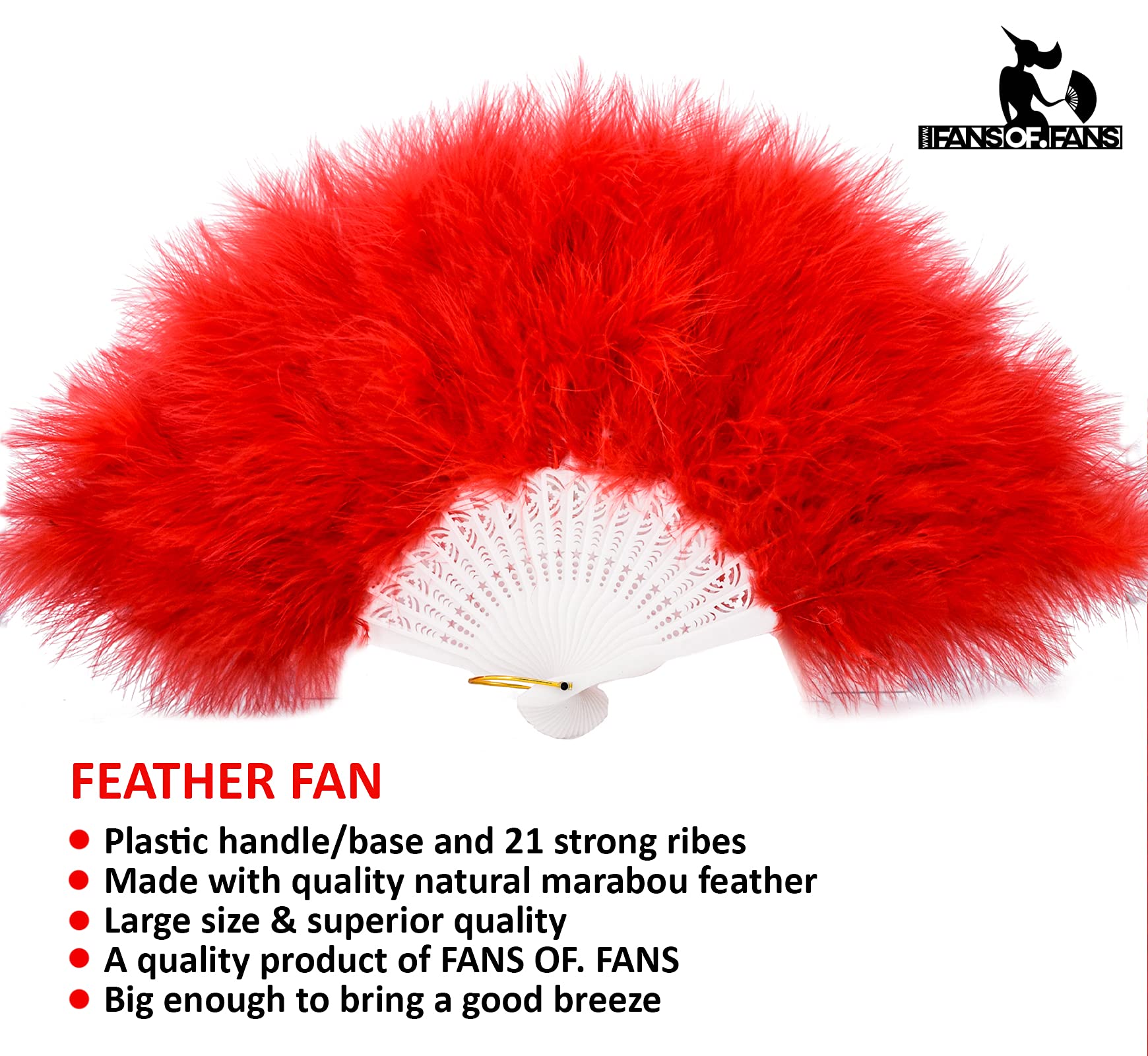 FANSOF.FANS Marabou Feather Hand Fan 45cm, Fancy Dress Wedding Party Favour Gift Outdoor Vintage Dance Photoshoot (Red)