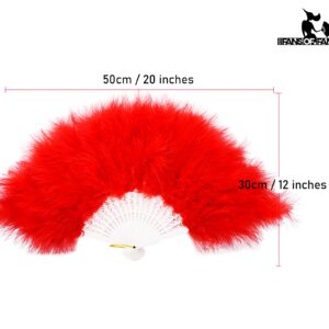 FANSOF.FANS Marabou Feather Hand Fan 45cm, Fancy Dress Wedding Party Favour Gift Outdoor Vintage Dance Photoshoot (Red)