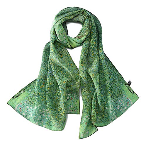 Long Crepe Silk Scarf Classic Art Print (Green Floral)