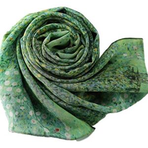 Long Crepe Silk Scarf Classic Art Print (Green Floral)