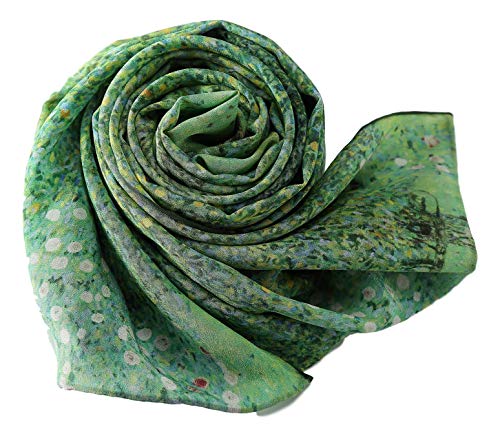 Long Crepe Silk Scarf Classic Art Print (Green Floral)