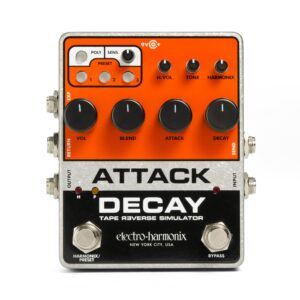 electro-harmonix attack decay pedal, model number attack decay, multi color, electric guitar electronics distortion simulator