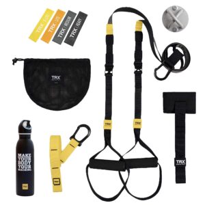 trx training trx go suspension-trainer-system bundle with suspension-trainer strap, xmount, 4 mini resistance bands, and water bottle, 7 items total