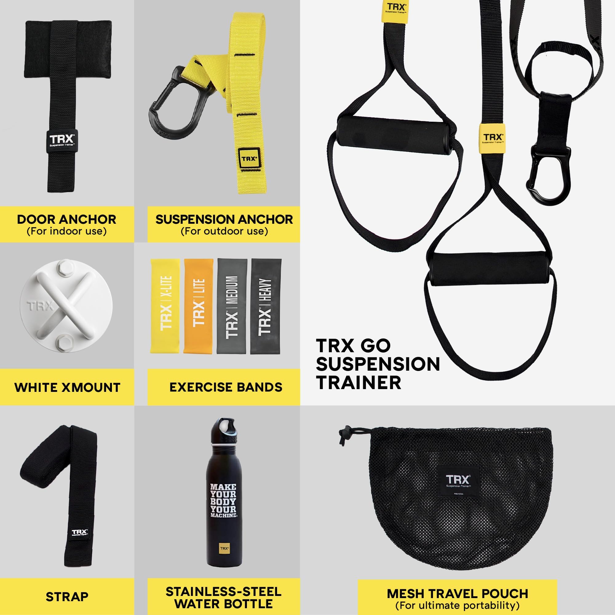 TRX Training TRX GO Suspension-Trainer-System Bundle with Suspension-Trainer Strap, XMount, 4 Mini Resistance Bands, and Water Bottle, 7 Items Total