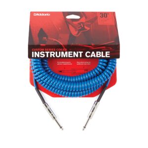 D’Addario Accessories Custom Series Coiled Guitar Cable - Coiled Instrument Cable with Nickel Plated ¼ Inch Ends - Warm, Vintage Look & Tone - 30ft (10ft Coiled) - Blue