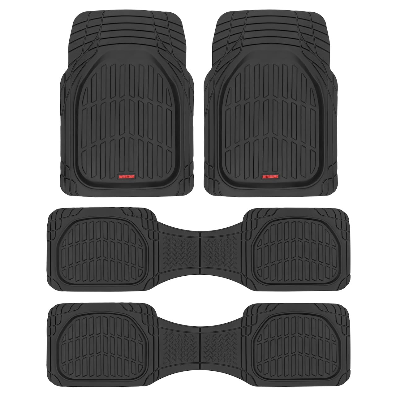 Motor Trend Original FlexTough Black Rubber Car Floor Mats for 3 Row Vehicles, Front & Rear 2nd Row Deep Dish All Weather Automotive Heavy Duty Trim to Fit, Automotive Liners for Cars Truck Van SUV