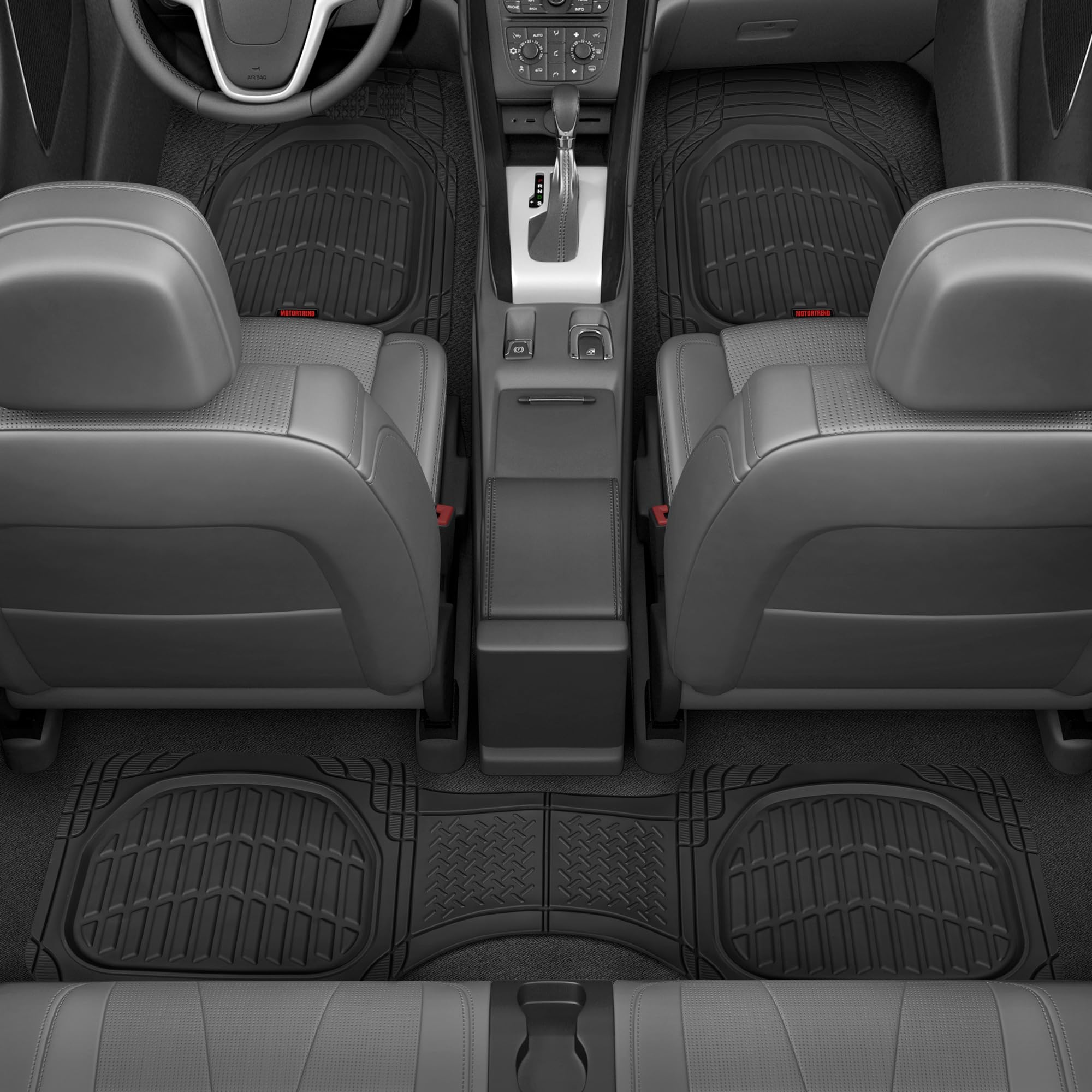 Motor Trend Original FlexTough Black Rubber Car Floor Mats for 3 Row Vehicles, Front & Rear 2nd Row Deep Dish All Weather Automotive Heavy Duty Trim to Fit, Automotive Liners for Cars Truck Van SUV