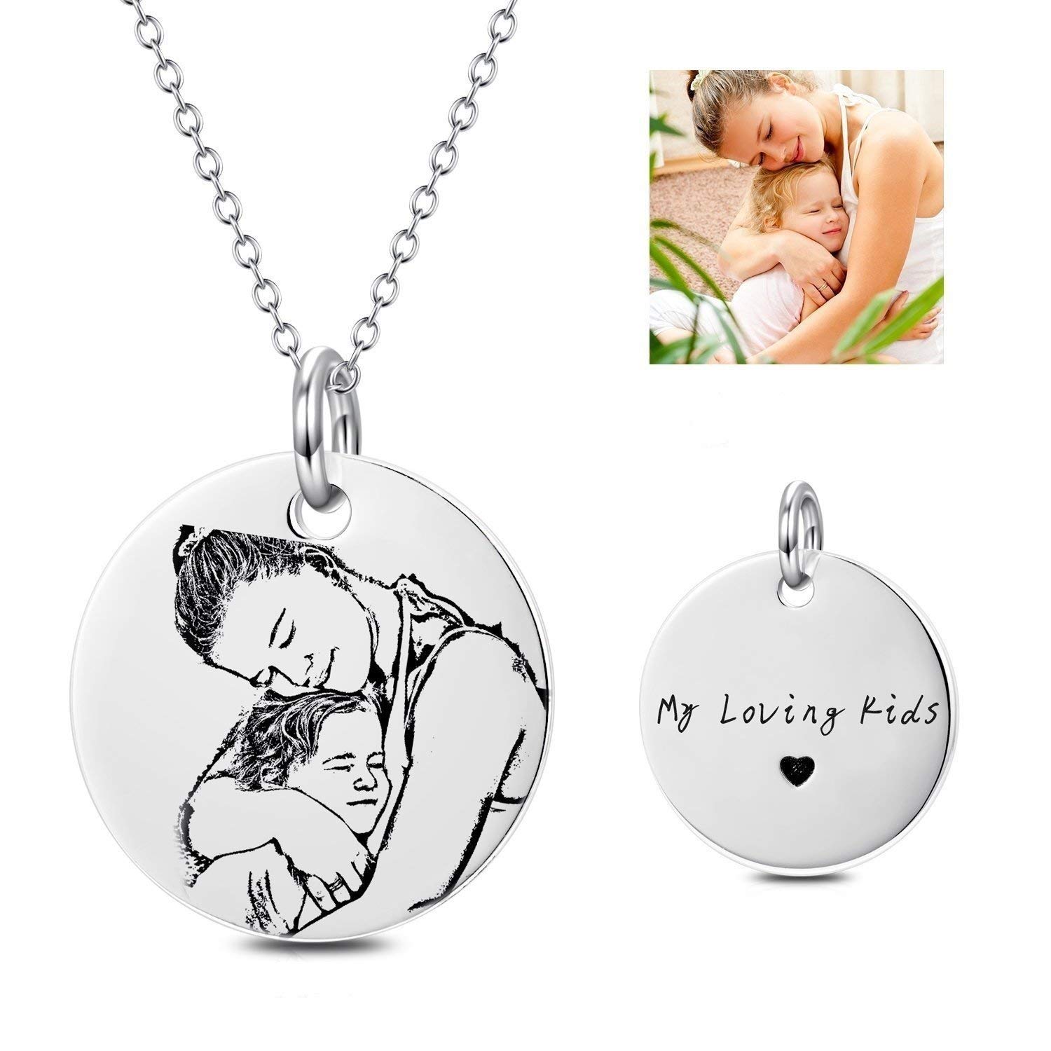 LONAGO Personalized Photo Necklace Sterling Silver Custom Engraved Picture Image Necklace Pendant Black and White Color Gifts (small circle)