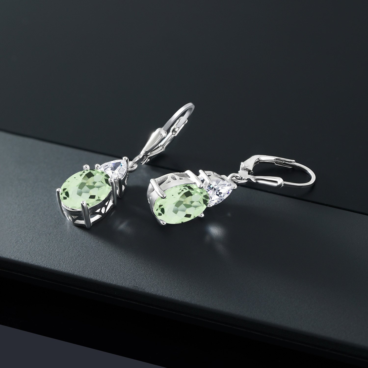 Gem Stone King 925 Sterling Silver Green Prasiolite and White Zirconia Dangle Earrings For Women (4.20 Cttw, Gemstone Birthstone, Oval 10X8MM, Trillion 5MM)