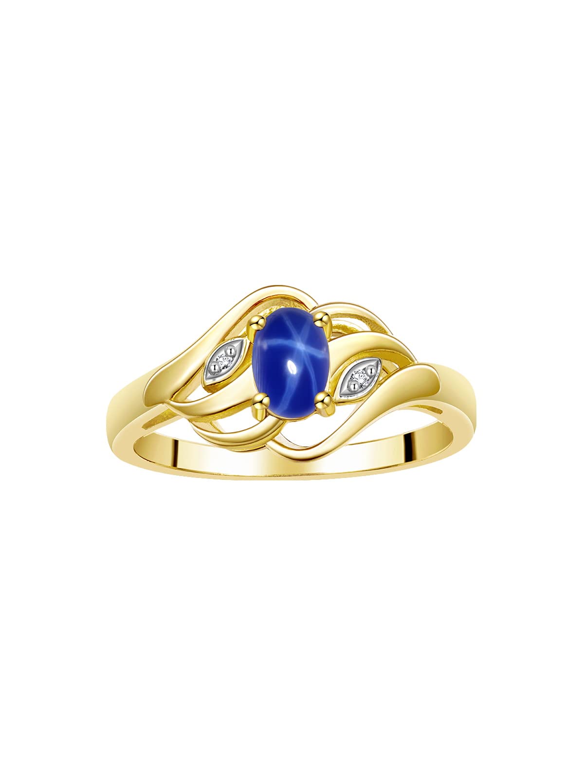 Rylos Rings for Women 14K Gold Plated Silver Ring Classic Style Birthstone Ring 6X4MM Gemstone & Diamonds Blue Star Sapphire Jewelry for Women Size 5