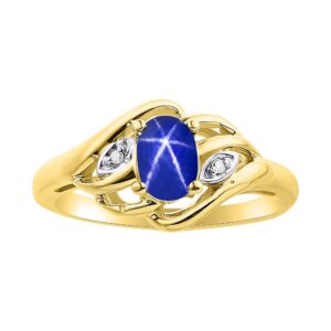 Rylos Rings for Women 14K Gold Plated Silver Ring Classic Style Birthstone Ring 6X4MM Gemstone & Diamonds Blue Star Sapphire Jewelry for Women Size 5