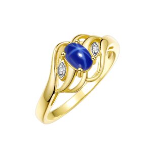 Rylos Rings for Women 14K Gold Plated Silver Ring Classic Style Birthstone Ring 6X4MM Gemstone & Diamonds Blue Star Sapphire Jewelry for Women Size 5