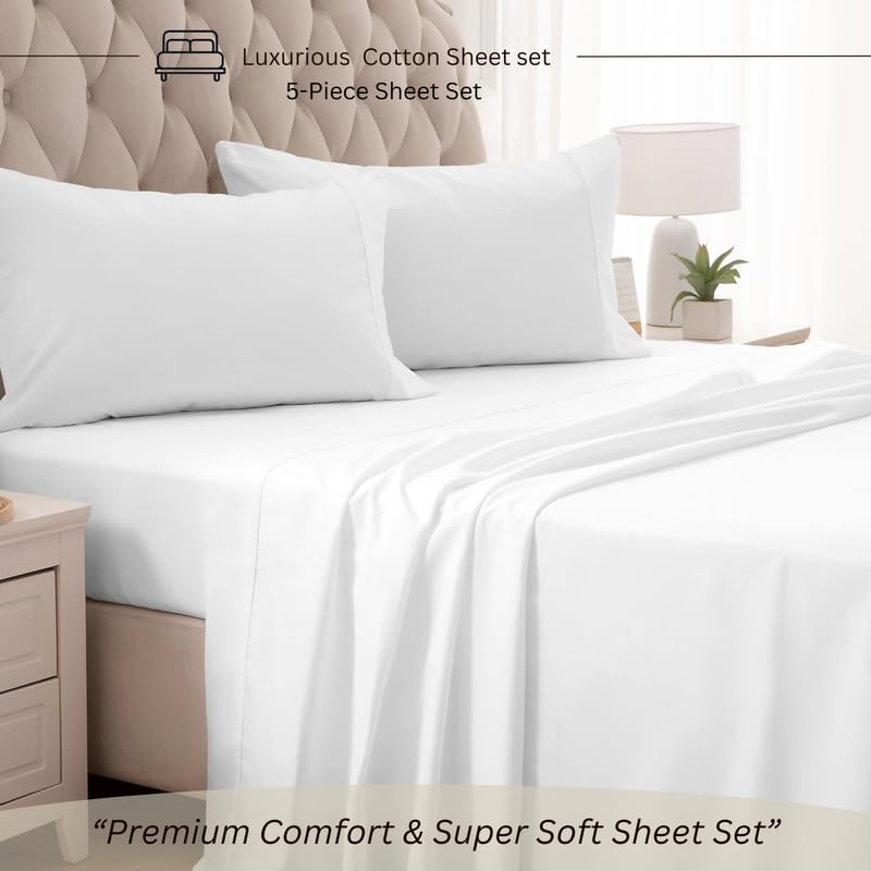 Cotton Bed Sheets 5 Piece Split Set 400 Thread Count 100% Extra Long Staple Luxurious & Hypoallergenic Bedding Hotel & Home Collection Deep Pocket 10-18 inches (Split King, White Solid)