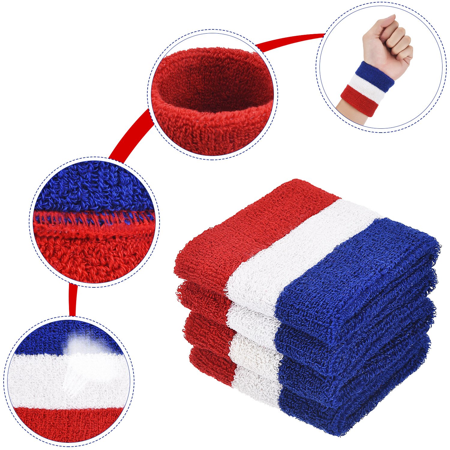 12 Pcs Striped Sweatbands Includes 4 Pcs Gay Pride Striped Headband 8 Pcs Rainbow Wristbands Sweatbands for Men Women Terry Cloth Gym LGBT Pride Parade Sports Supplies (Red White and Blue)